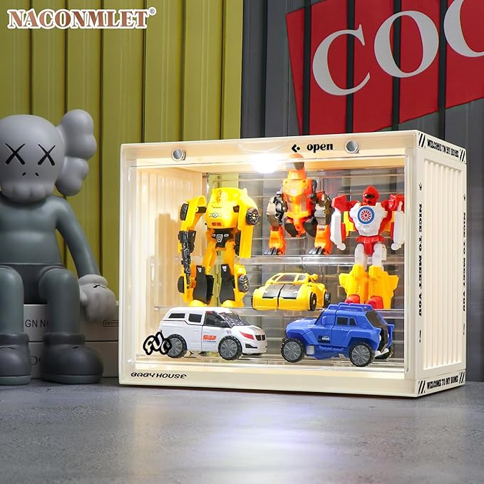 Acrylic Display Case for Miniature Figures and Funko Pop-Stackable Lighted Showcase with 3-Tier Adjustable Stand,Magnetic Door Closure,Dustproof Perfect for Collectibles 11.8"x6.7"x9"inch