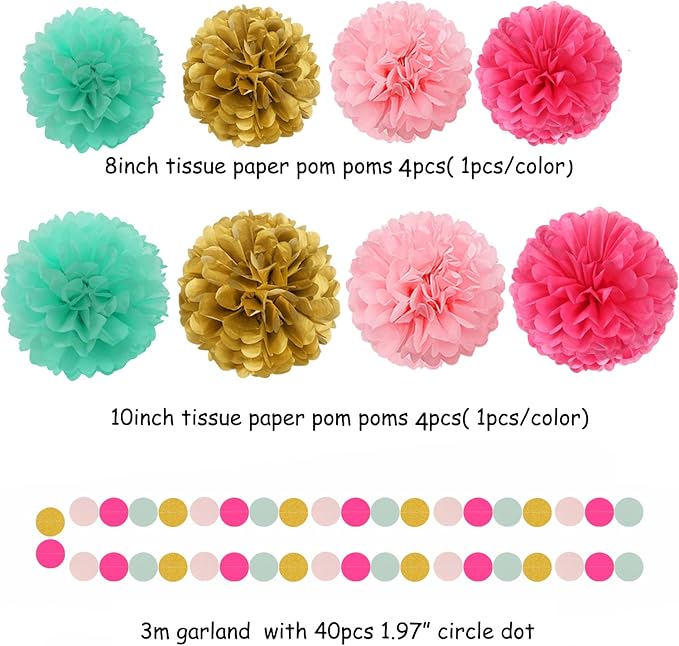 Mint Blush Hot-Pink Gold Party-Decorations - 30pcs Tissue Pom Poms Streamers, Girls Birthday Tassel Garland Banner,Wedding Engagement Baby Bridal Shower Bachelorette Brunch Decor Ouruola