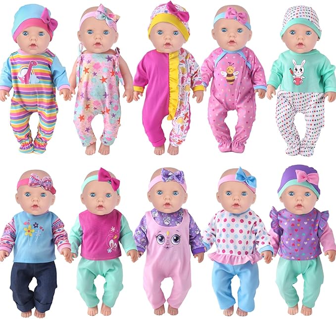 UNICORN ELEMENT 10 Sets Baby Doll Clothes for 14-18 Inch Dolls, 17 Inch Baby Doll Clothes and Headbands Outfits Pjs Accessories for 43cm New Born Dolls