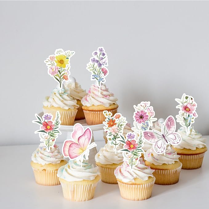 Wildflower Birthday Party Decorations - 40PCS Butterfly and Flower Baby Shower Cupcake Toppers Floral Baby in Bloom Cupcake Picks Decoration for Girls Women