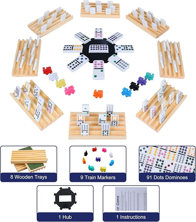 Mexican Train Dominoes Set with 8 Wooden Holders | Double 12 Dominoes with 91 Color-Coded Tiles & Hub | Domino Tile Board Games for 2-8 Players | Family Board Game for Adults & Kids (D12 + 8 Holders)