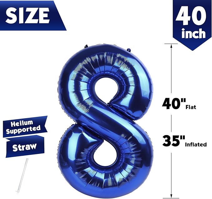 40 Inch Night Blue Number 8 Balloon, Giant 8 Number Balloons for 8th Birthday Decorations, Party Supplies for Baby Boy Girl, Night Blue Party Decor