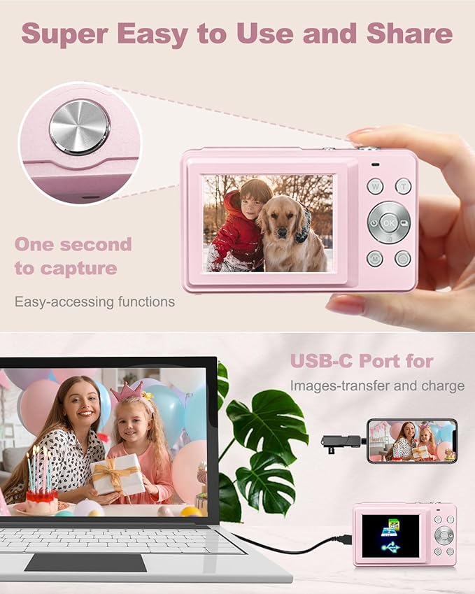 Camkory Digital Camera, FHD 1080P Camera, Compact Point and Shoot Digital Camera with 32GB Card, 16X Zoom Anti Shake Small Digital Camera for Kids Girls Boys Students, Pink