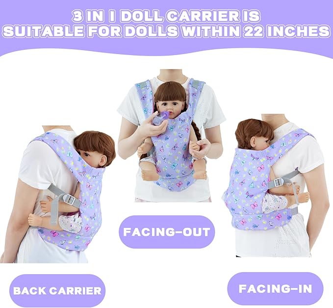 Baby Doll Carrier with Doll Accessories Doll Carrier for Kids, Reborn Doll Baby Carrier with Adjustable Straps for 16-22 Inch Baby Doll with Accessories, Purple
