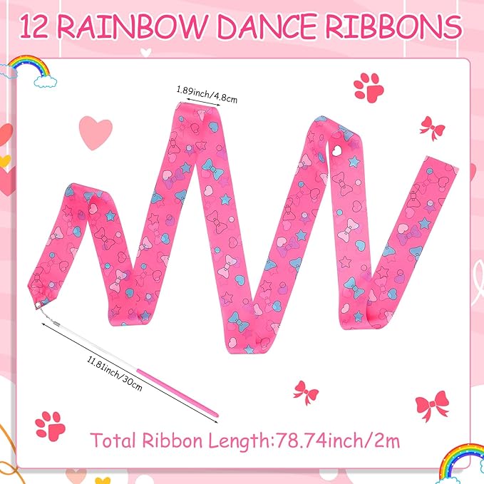 12 Pcs Kawaii Party Favors Ribbon Dancing Wands Pink Bow Tie Flower Gymnastics Ribbons Sticks Dance Streamers Dance Twirling Sticks for Girls Birthday Party Supplies Goody Bag Stuffers Gifts