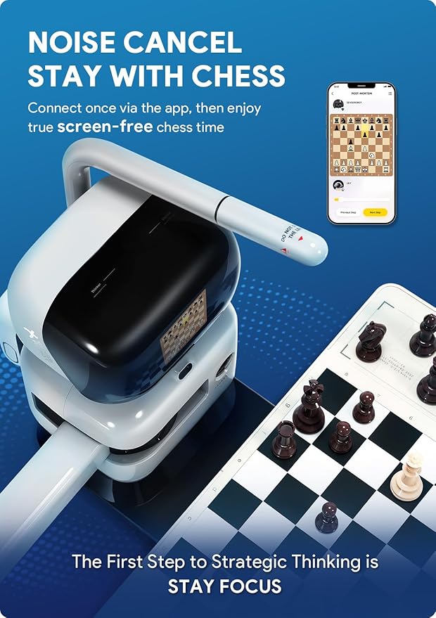 AI Chess Robot with Robotic Arm Electronic Computer Chess Board– 25 AI Levels, 1200+ Exercises, Endgame Trainer, Classic Game Replay, Voice Coaching, Lichess Integration