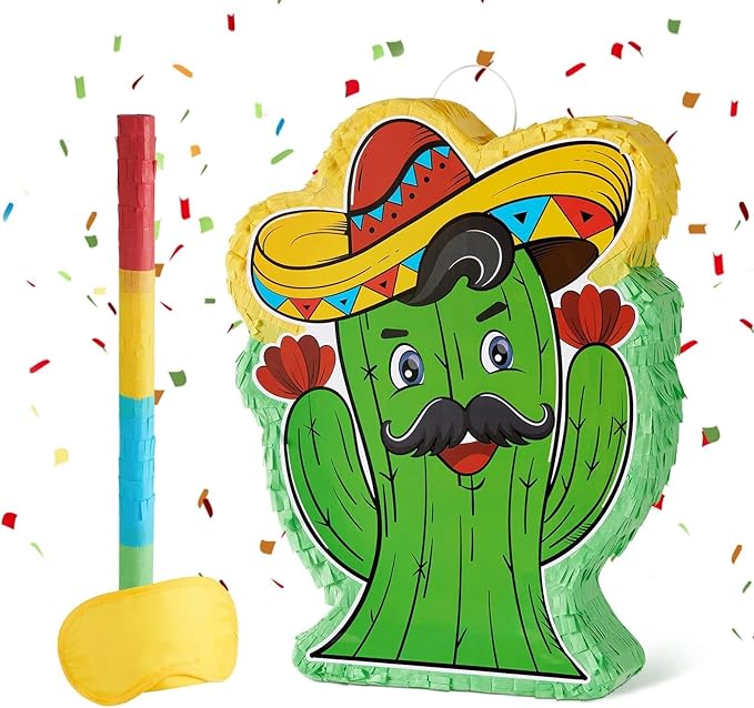 WERNNSAI Mexico Cactus Piñata - Mexican Fiesta Piñata Cinco De Mayo Party Game with Stick and Blindfold, Mexican Themed Party Family Gathering Taco Night Birthday Games