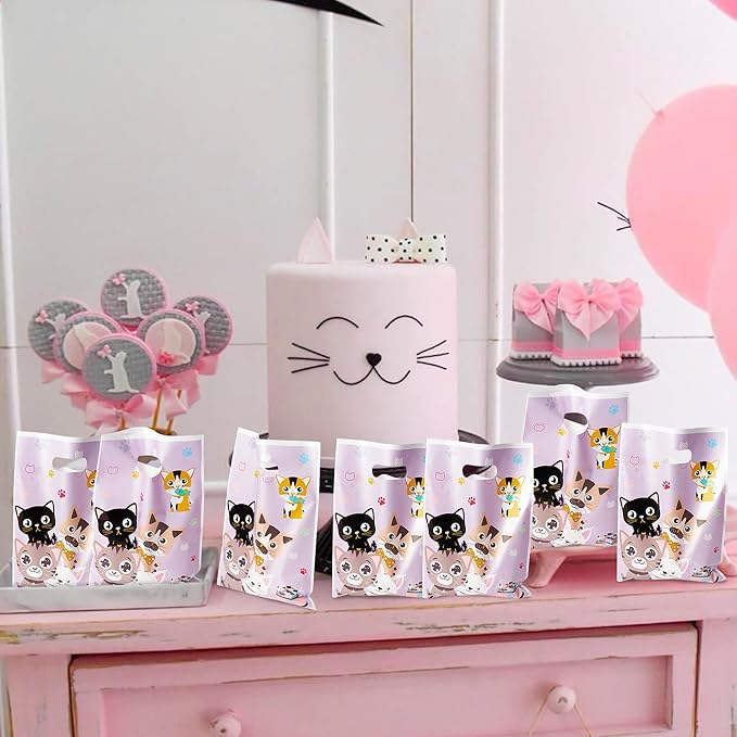 3sscha 50Pcs Cat Party Favor Bags Cute Kitten Themed Purple Waterproof Goodies Cookies Bag with Die Cut Handles Animals Pet Paw Glossy Plastic Gift Pack for Kid Birthday Party Decoration Supplies