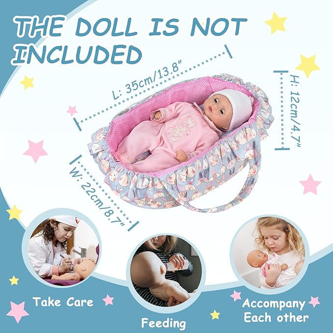 Doll Carry Cot Set, Soft 3PC Set Includes Cot, Mattress and Pillow, Blue Rabbit Doll Bassinet, Fits for 10-12 Inch American Girl Dolls