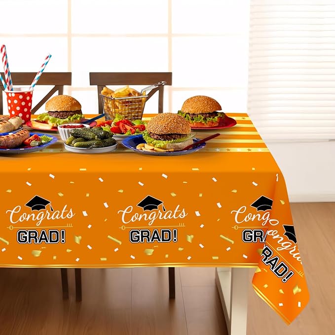 Childom 3 Pack Graduation Tablecloth,Graduation Decorations Class of 2026 Graduation Party Decorations,54"x108" Orange and Gold Plastic Table Cloth Disposable Rectangle for Home,School,Party Supplies