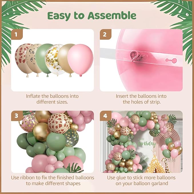 Jungle Safari Balloons Garland Arch Kit ，Animal Printed Pink Sage Green Balloons Wild One Giraffe Leopard Safari Decorations for Birthday Baby Shower Party Supplies