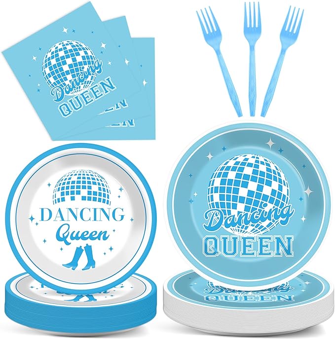 96Pcs Dancing Queen Party Supplies Dancing Queen Paper Plates Napkins Disposable Blue Disco Party Tableware Set 70s Disco 17th Birthday Dinnerware for Bachelorette Decoration Serve 24