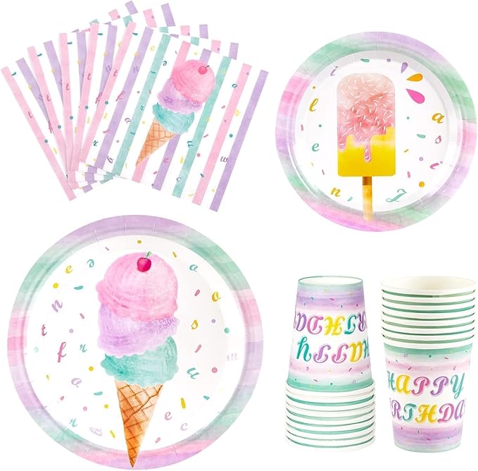 WERNNSAI Ice Cream Plates Napkins and Cups - Ice Cream and Popsicle Theme Party Supplies for Girls Birthday Disposable Tableware Dessert Plates Luncheon Napkins Serves 16 Guests 64PCS