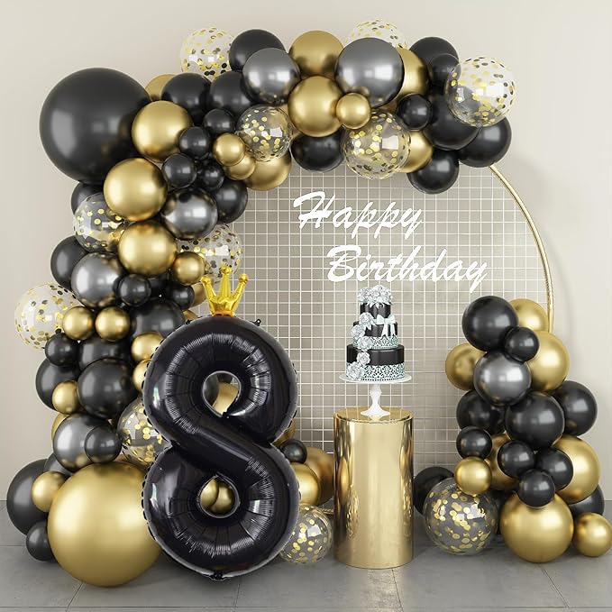 40 Inch Black Number Balloons, Big Crown Foil Number 8 Balloons for Kids 8th Birthday, Self Inflating Balloon Decorations 0-9 Set for Girls Boys Birthday Party Decoration Anniversary Party Supplies