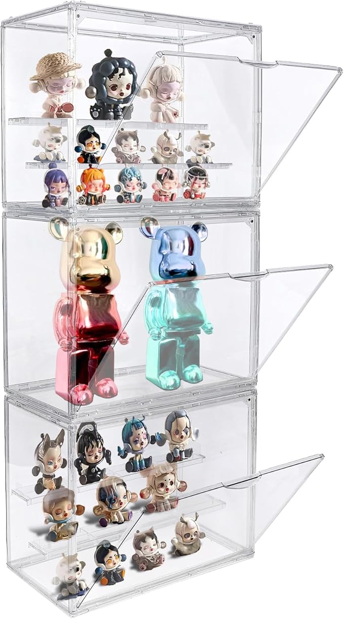 3 Packs Display Boxes for Figures Stackable Detachable Display Stand Dustproof Showcase Storage for Collectibles and Action Figures Mini Toys (3 Tiers)