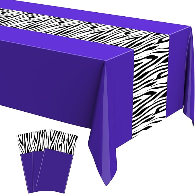 Buryeah 3 Pcs Zebra Tablecloth Zebra Print Plastic Table Cloth Disposable Tablecloth Animal Safari Table Cover 54 x 108'' for Baby Shower Wedding Birthday Party Decorations Supplies (Purple)