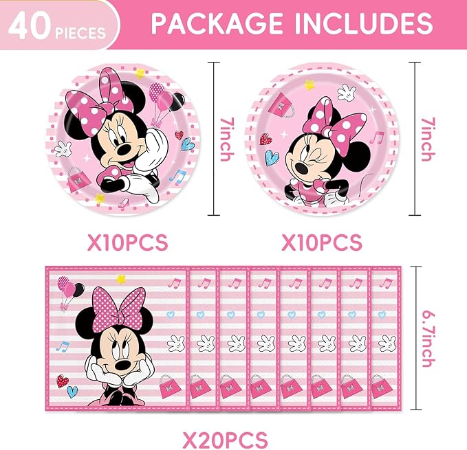40Pack Minnie Party Supplies include 20 plates, 20 napkins for Minnie Party Decoration
