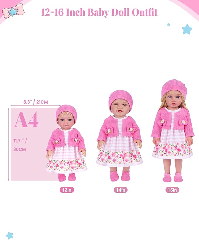 BABESIDE 4 Pcs Baby Doll Clothes and Accessories for 12-16 Inch Dolls, Pink Doll's Clothes and Floral Skirt with Hat for Dolls Accessories