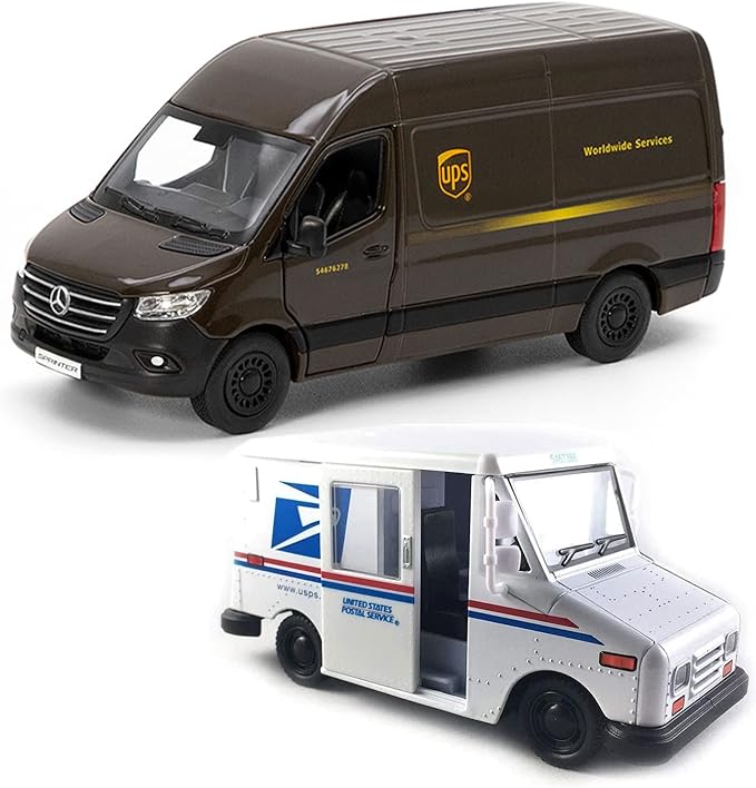 KiNSMART - UPS Mercedes-Benz Sprinter + United States Postal Mail Truck Grumman LLV 5 Inch Die Cast Metal Model Toy Van & Trucks SetOf2