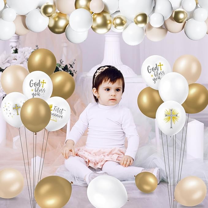 169 Pcs First Communion Decorations Balloons Kit Baptism Party Decorations White Metallic Gold Balloons Arch Kit First Holy Communion Decor for God Bless Christening Birthday Theme Party Supplies