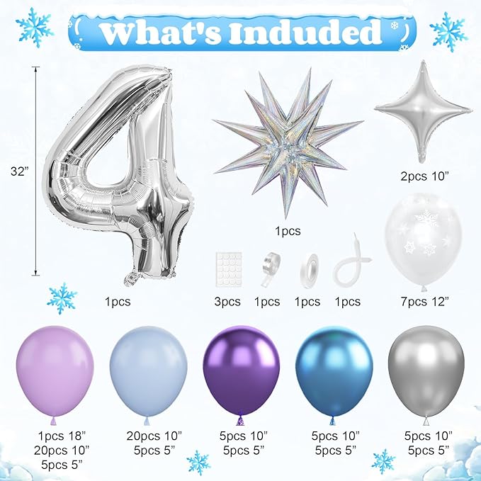 Snow 4th Birthday Decorations Girl, Snowflake Balloon Garland Arch Kit, Laser Explosion Star Balloons, Silver Number 4 Balloon Tower for Baby Shower Girls 4th Snow Theme Party Supplies