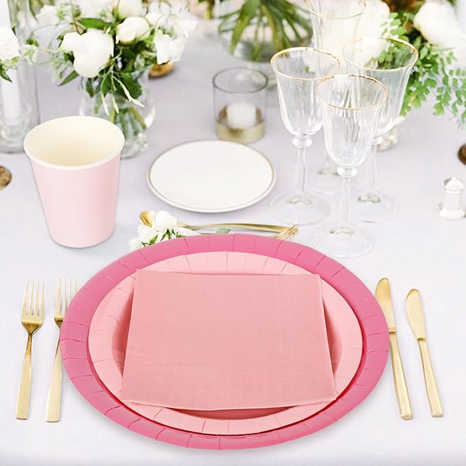 Whaline 244Pcs Pink Tableware Set Serves 48 Gradient Pink Disposable Dinnerware 48 9" Plates 48 7" Plate 48 9oz Cups 100 Napkins for Wedding Birthday Party Supplies