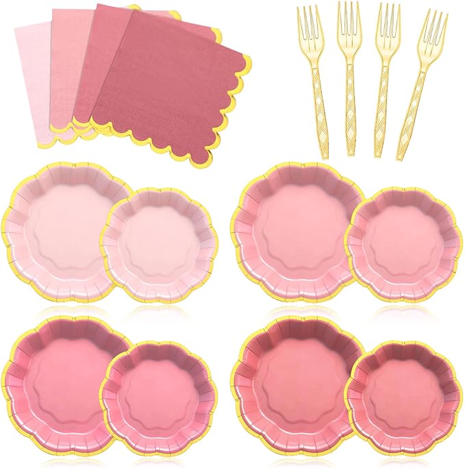 192 Pcs Pink Gold Plates Party Supplies Severs, Guests Disposable Party Decorations, 7'' and 9'' Scalloped Paper Plates, Cocktail Napkins Plastic Forks for Birthday Wedding