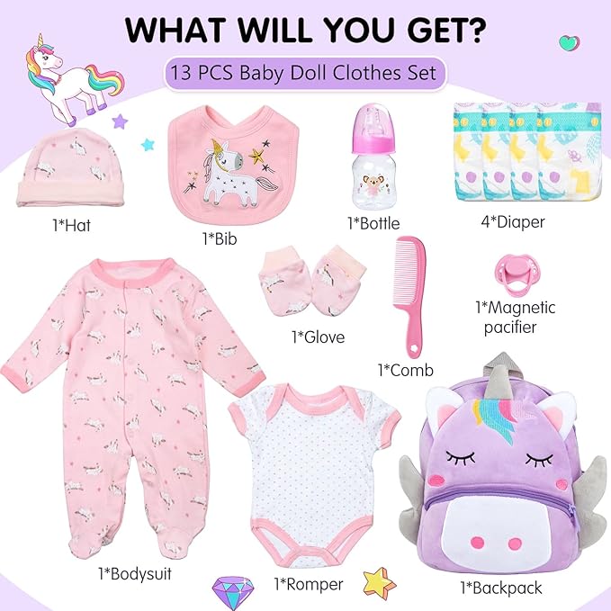 Pedolltree Reborn Baby Dolls Clothes Girl Unicorn Theme Outfit Accessories 13 Pcs for 17-22 Inch Reborn Dolls Newborn Baby Girl with Pink Unicorn Backpack