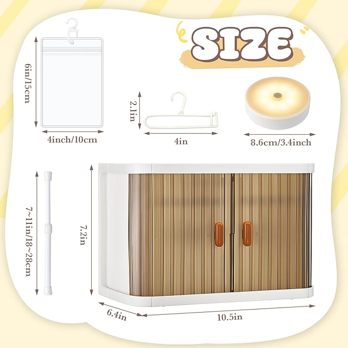 Foldable Doll Closet Wardrobe Storage Box Set with Night Light Doll Accessories Display Box with 8 Hangers and Rod Stackable Organizer Cabinet for 15/17cm Clothes with Dust Cover Display Rack Hook