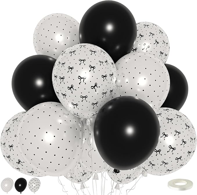 Black and White Bow Balloons, Pearl Black White Bow Print Latex Balloons for Women Girls Coquette Birthday Bachelorette Wedding Bridal Shower Engagement Anniversary Party Decorations
