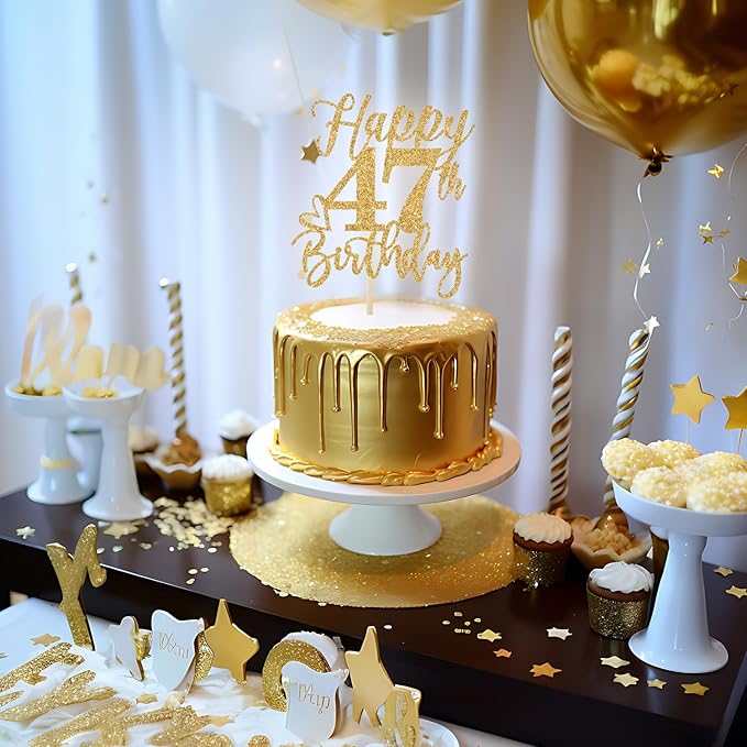 Happy 47th Birthday Cake Topper, 47th Birthday Decorations, Cheers to 47 Years, Hello 47, 47th Happy Birthday Party Supplies Gold Glitter