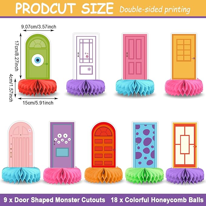 9 Sets Monsters Birthday Party Supplies Colorful Door Honeycomb Centerpieces Door Shaped Honeycomb Balls Table Centerpieces Set Monster Party Decorations Honeycomb Decor for Baby Shower Holiday Home