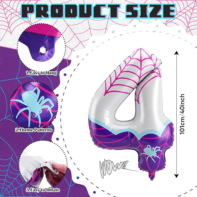 Spider Number 4 Balloons 40 Inch Purple Spider Theme Birthday Party Decorations Large Foil Balloons for Girls Boys 4th Birthday Baby Shower Party Backdrop Celebration Supplies