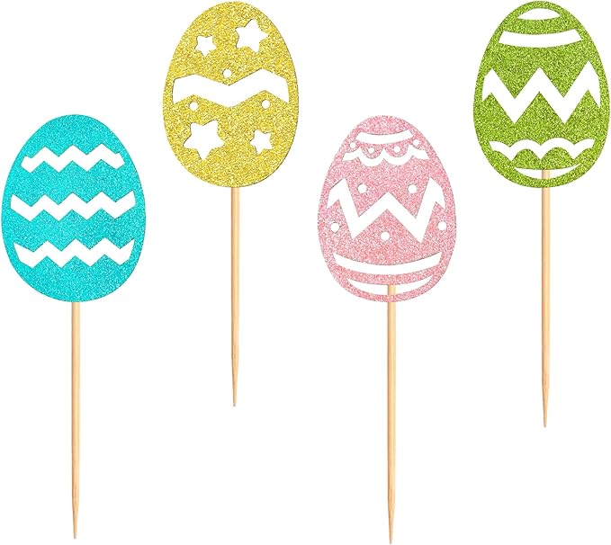 Ercadio 24Pcs Glitter Colorful Easter Eggs Cupcake Toppers Glitter Easter Eggs Cupcake Picks for Easter Egg Hunting Cupcake Toppers Easter Day Baby Shower Birthday Wedding Party Supplies