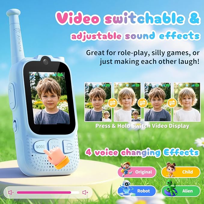 Kids Audio/Video Walkie Talkies, 2 Pack Rechargeable Walkie Talkies for Kids with 2’’ Screen & Camera & Voice Changer, Long Range Boys Girls Toys for Indoor Outdoor Camping Hiking Games (Blue/Blue)