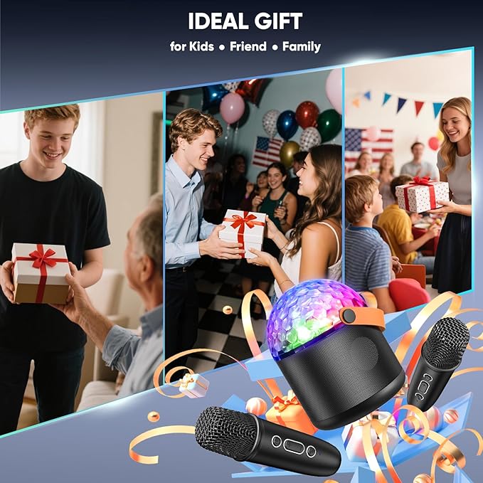 Karaoke Machine with Disco LED Lights for Adults Kids, Portable Bluetooth Speaker with 2 Wireless Microphone Toys Easter Birthday Gifts for Boys Girls Family Home Party