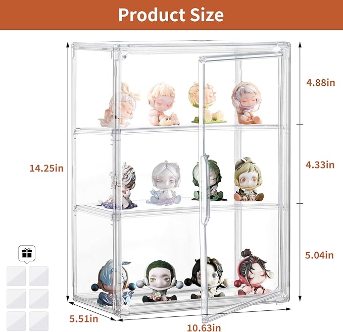 Attelite Acrylic Display Cases for Collectibles,3 Layer Clear Display Case with Magnetic Door,Desktop Clear Showcase with 2 Adjustable Divider Storage Box for Action Figure