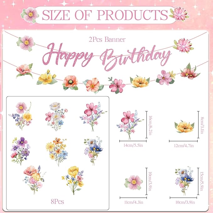 Wildflower Happy Birthday Decorations - 10 Pcs Birthday Party Decorations for Girls Glitter Banner Garland Floral Hanging Swirls Decor Flower Decoration for Women Party Supplies