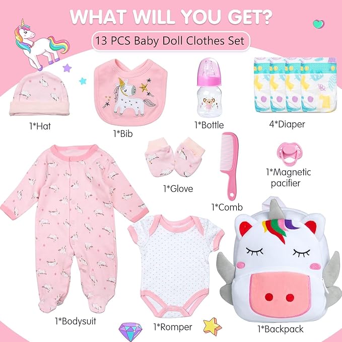 13 Pcs Reborn Baby Doll Clothes Pink Outfit Accessories for 17-22 Inches Babydolls Reborn Girl Doll Clothes Newborn Baby Accessories Set with Unicorn Backpack