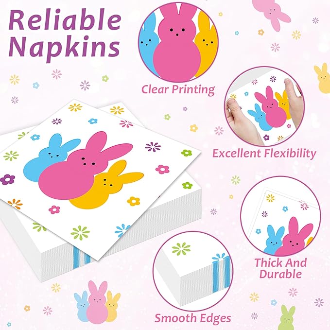 gisgfim 96Pcs Easter Bunny Peeps Party Plates and Napkin Party Supplies Easter Rabbit Party Tableware Set Happy Easter Party Decorations Favors for Spring Party Dinner Holiday Decoration Serve 24