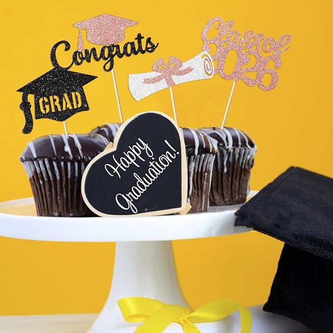 Black and Rose Gold Graduation Cupcake Toppers Decorations Class of 2026 Cupcake Topper Graduation Cup Cake Picks Congrats Grad Party Decor Supplies Set of 24