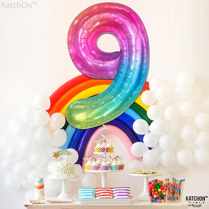KatchOn, Rainbow Number 9 Balloon - 40 Inch | Foil 9 Birthday Balloon for 9th Birthday Decorations | Number Balloons for Anniversary Decorations | Rainbow Party Decor
