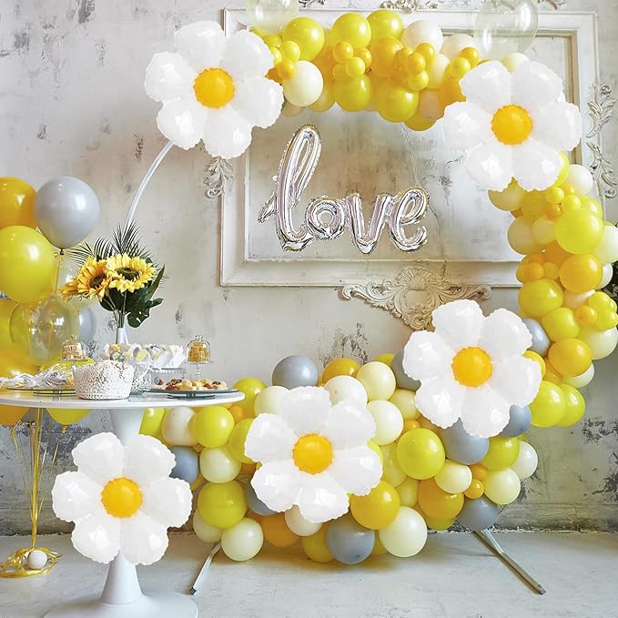 ZHENGYE 10 Pcs White Daisy Balloons,Flower Theme Party Decorations Flower Aluminum Foil Balloons Wedding Baby Shower Birthday Party Decoration