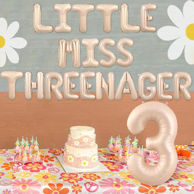 Little Miss Threenager Birthday Decorations Little Miss Threenager Balloon Banner Number 3 Balloons Makeup 3rd Party Supplies for Girls 3rd Birthday (Beige Balloon Banner)