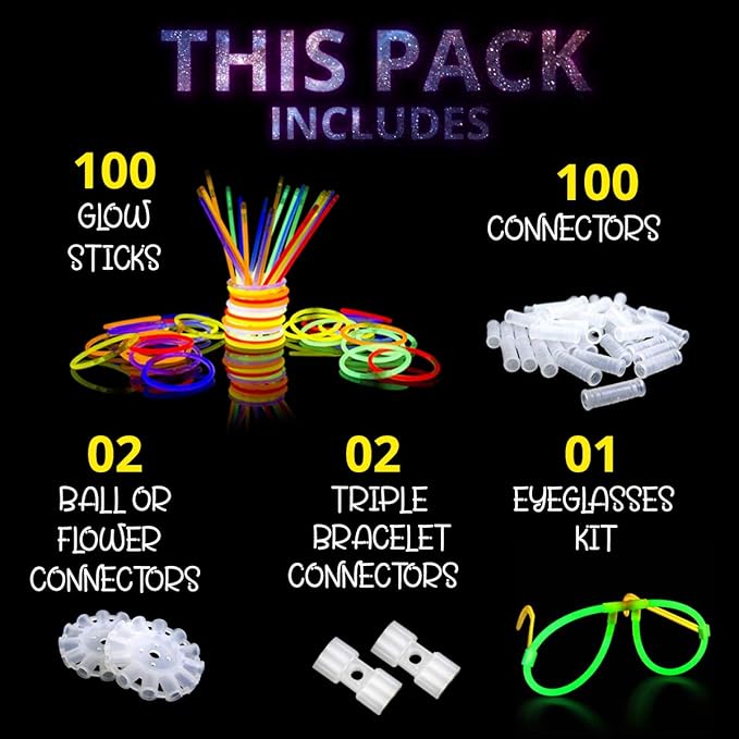 Ammy Glow-Glow Sticks-100 Pack Bulk Party favors for Kids-Neon Glow in The Dark Party Supplies - Eye Glasses, Glow Bracelets & Necklaces -Party Lights For Birthdays & Weddings-205 pcs