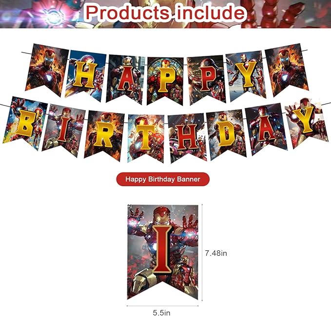 𝓘𝓻𝓸𝓷 𝓜𝓪𝓷 Birthday Party Decorations,Iron Hero Party Supplies Includes Cartoon Iron Hero Birthday Banner Balloons Cupcake Toppers Cake Topper Party Favors