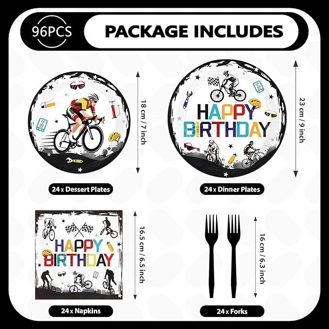 96Pcs Bicycle Birthday Party Decorations Mountain Bike Road Birthday Plates and Napkins Sets Sports Bicycle Racing Decorations for Boys Teens Adults Sports Bike Lover Bday Party Supplies Serves 24