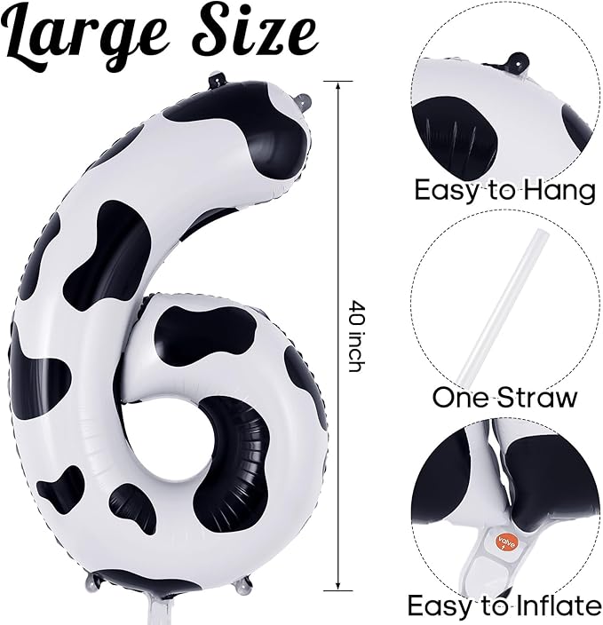 Cow Print Number 6 Balloon, Large 40 Inch Cow Number Birthday Balloons, Foil Mylar Number 6 Balloons for 6 Year Old Birthday Party Decorations Supplies Animal Farm Cowboy Cowgirl Themed Party