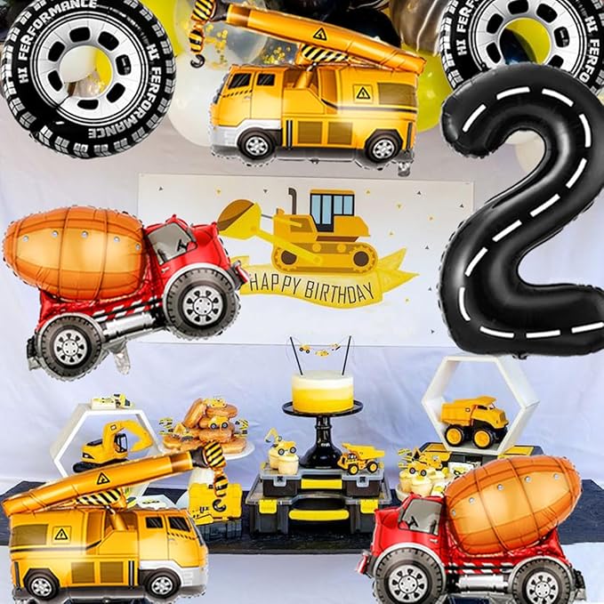 2nd Birthday Decorations for Boys Construction Balloons 40inch Number 2 Balloons Truck Foil Balloon for Construction Birthday Party Decorations Supplies