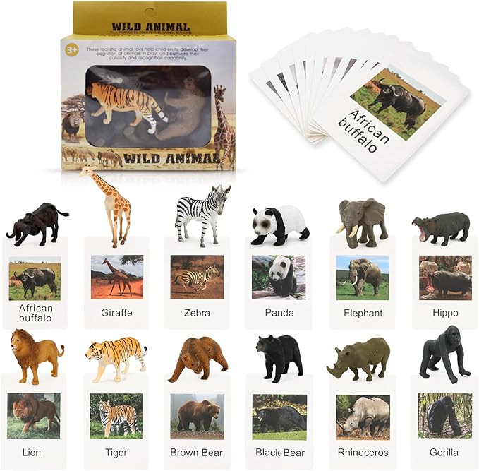 Montessori Animal Match, Miniature Forest Animal Toy Figurines with Matching Cards, Montessori Materials Homeschool Preschool Science Educational Matching Game for Toddler Kids (Zoo)